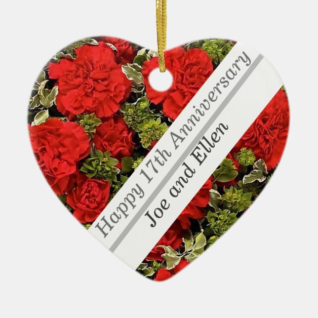 17th Wedding Anniversary, Red Carnations   Ceramic Tree Decoration (Front)