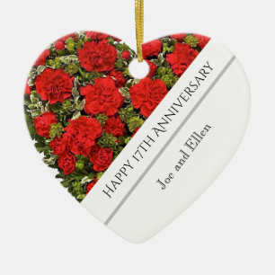 17th Wedding Anniversary, Red Carnations Heart Ceramic Tree Decoration