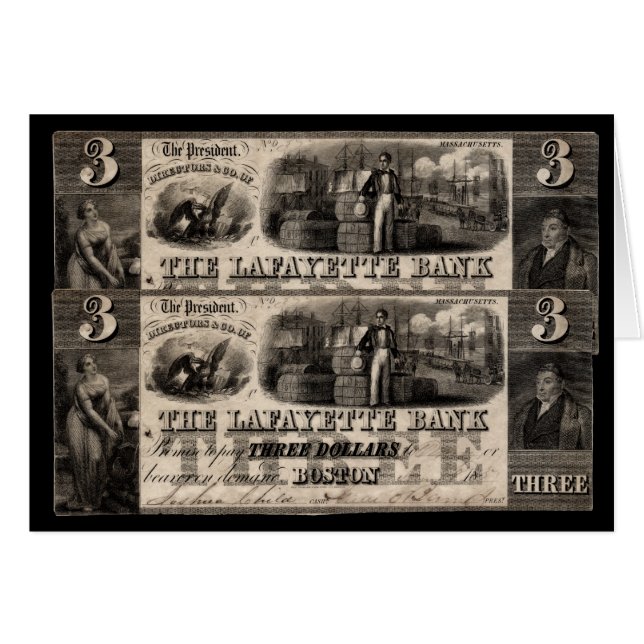 1837 Lafayette Bank Three Dollar Note (Front Horizontal)