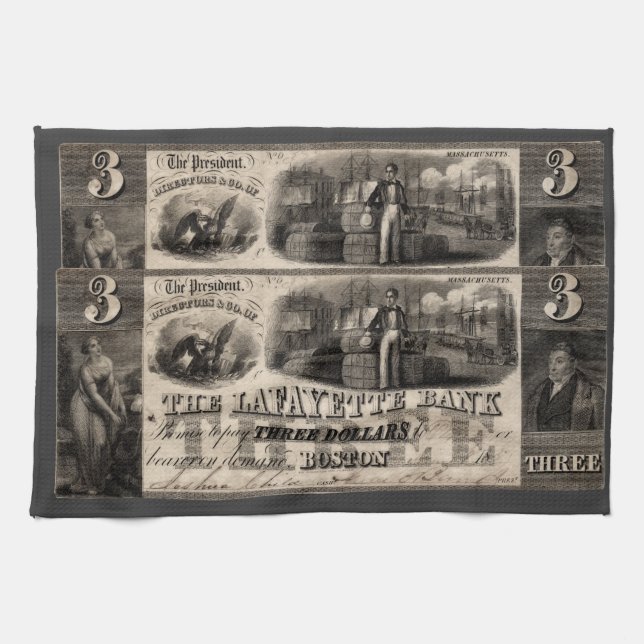 1837 Lafayette Bank Three Dollar Note Tea Towel (Horizontal)
