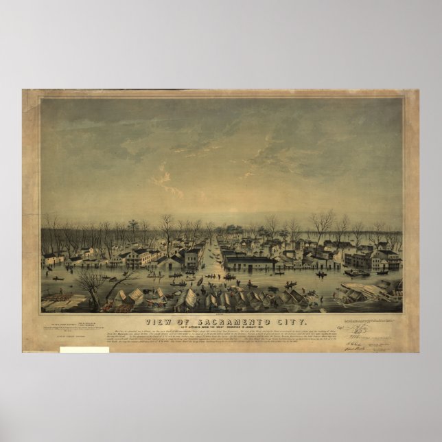1850 Sacramento California Birds Eye Panoramic Map Poster (Front)