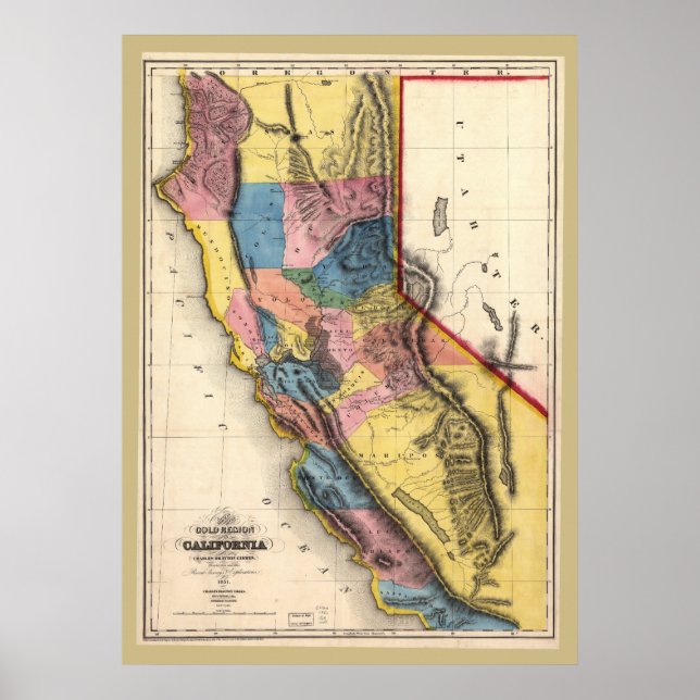 1851 California Gold Map Very Colourful! Poster (Front)