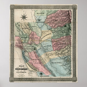 1851 Map of the Mining District of California Poster