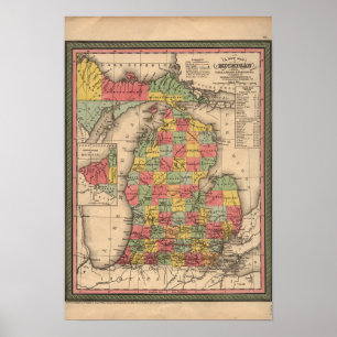1853 Michigan Map, Vintage Poster