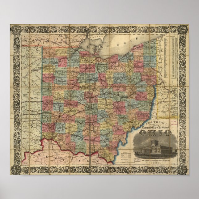 1854 Antique Rail Map of Ohio Poster (Front)