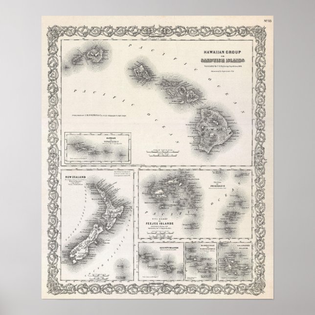 1855 Colton Map of Hawaii and New Zealand Poster (Front)