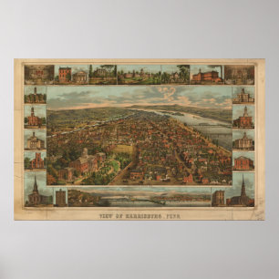 1855 Harrisburg, PA Birds Eye View Panoramic Map Poster