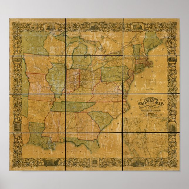 1856 Antique Railroad Map of the United States Poster (Front)