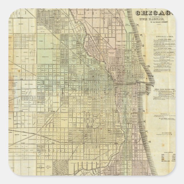 1857 Map of Chicago Illinois Square Sticker (Front)