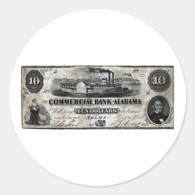 1858 Alabama Ten Dollar Note Classic Round Sticker (Front)