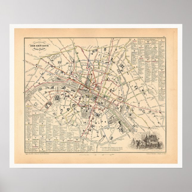 1858 Map: Itineraire des Omnibus dans Paris France Poster (Front)