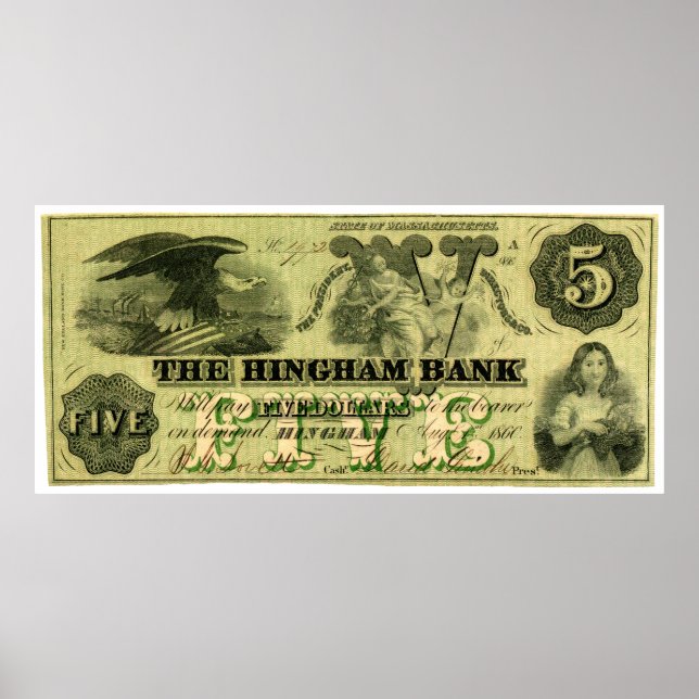 1860 Hingham Massachusetts Five Dollar Note Poster (Front)