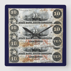 1860 South Carolina Ten Dollar Note Square Wall Clock