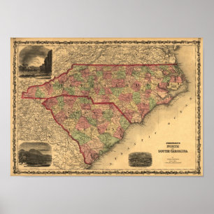 1861 North Carolina and South Carolina Map Poster
