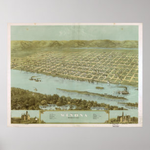1867 Winona, MN Birds Eye View Panoramic Map Poster