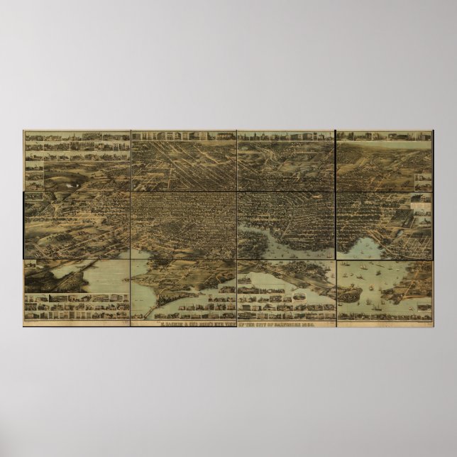 1869 Baltimore, MD Birds Eye View Panoramic Map Poster (Front)