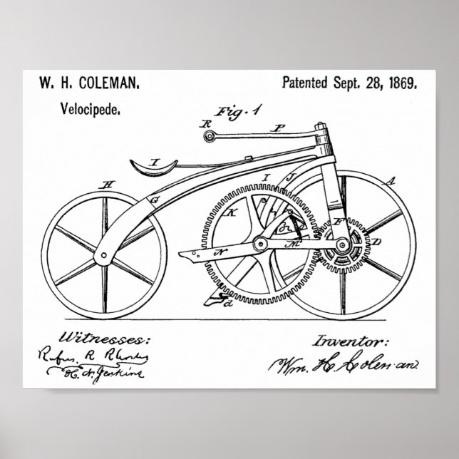 1869 Chainless Bicycle Patent Art Drawing Print (Front)