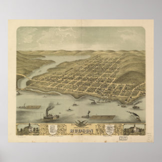 1870 Hudson, WI Birds Eye View Panoramic Map Poster