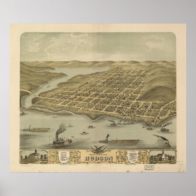 1870 Hudson, WI Birds Eye View Panoramic Map Poster (Front)