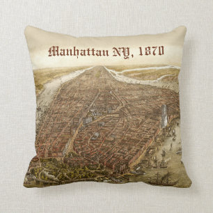 1870 Manhattan New York City Vintage Old Map Cushion