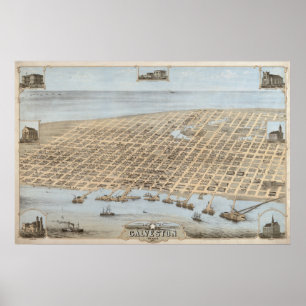 1871 Galveston, TX Birds Eye View Panoramic Map Poster