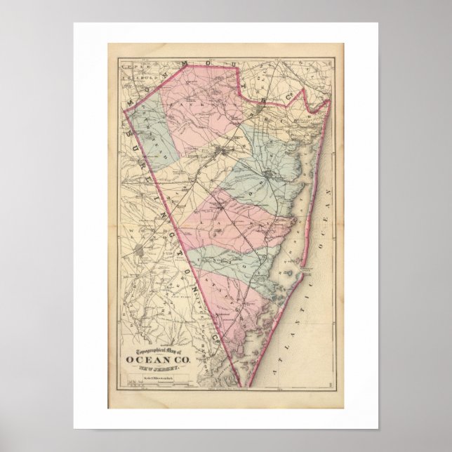 1872 REPRO Vintage Map Ocean County NJ Poster (Front)