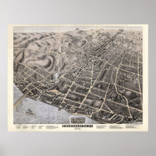 1874 Poughkeepsie, NY Birds Eye View Panoramic Map Poster