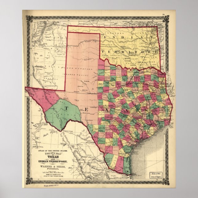 1875 Map of Texas & Indian Territory (Oklahoma) Poster (Front)