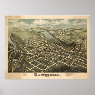 1876 Clinton, MA Birds Eye View Panoramic Map Poster