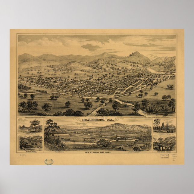 1876 Healdsburg Sonoma CA Birds Eye Panoramic Map Poster (Front)