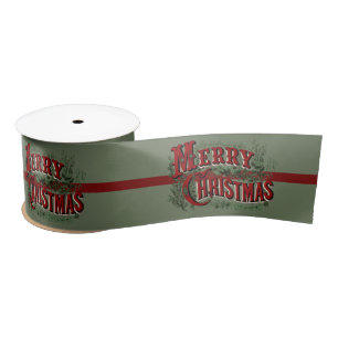 1876 Merry Christmas Green Satin Ribbon