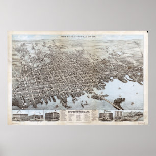 1876 New Bedford, MA Birds Eye View Panoramic Map Poster