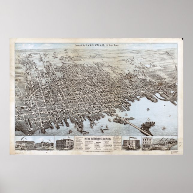 1876 New Bedford, MA Birds Eye View Panoramic Map Poster (Front)