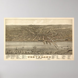 1877 Cleveland, OH Birds Eye View Panoramic Map Poster