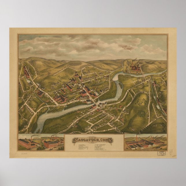 1877 Naugatuck CT Birds Eye View Panoramic Map Poster (Front)
