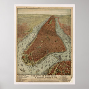 1879 New York City NY Birds Eye View Panoramic Map Poster