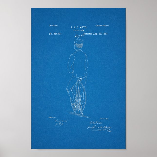 1881 Vintage Bicycle Velocipede Patent Print (Front)