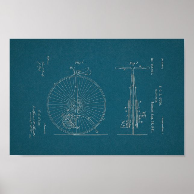 1881 Vintage Bicycle Velocipede Patent Print (Front)