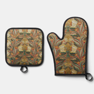 1882 Vintage Large Flowers & Leaves Golden Green Oven Mitt & Pot Holder Set