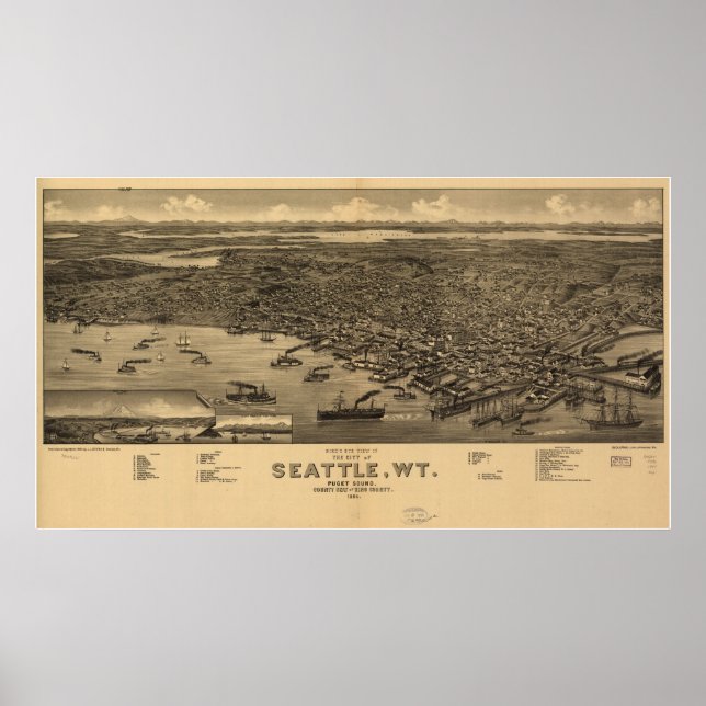 1884 Seattle, WA Birds Eye View Panoramic Map Poster (Front)