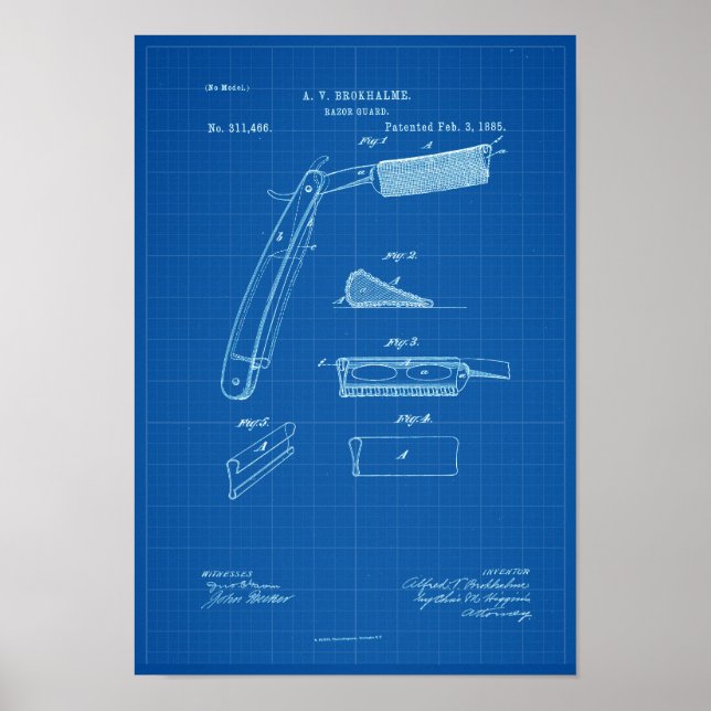 1885 Barber Razor Blueprint Patent Artwork Poster (Front)