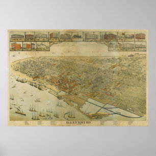 1885 Galveston, TX Birds Eye View Panoramic Map Poster