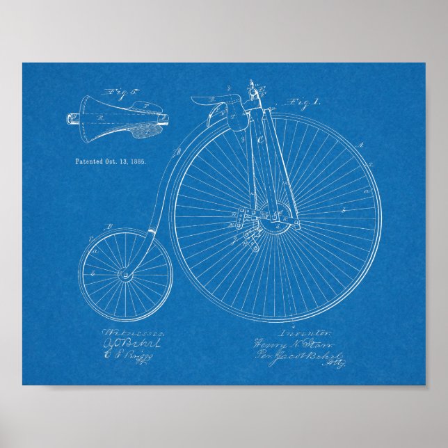 1885 High Wheeler Bicycle Design Patent Art Print (Front)