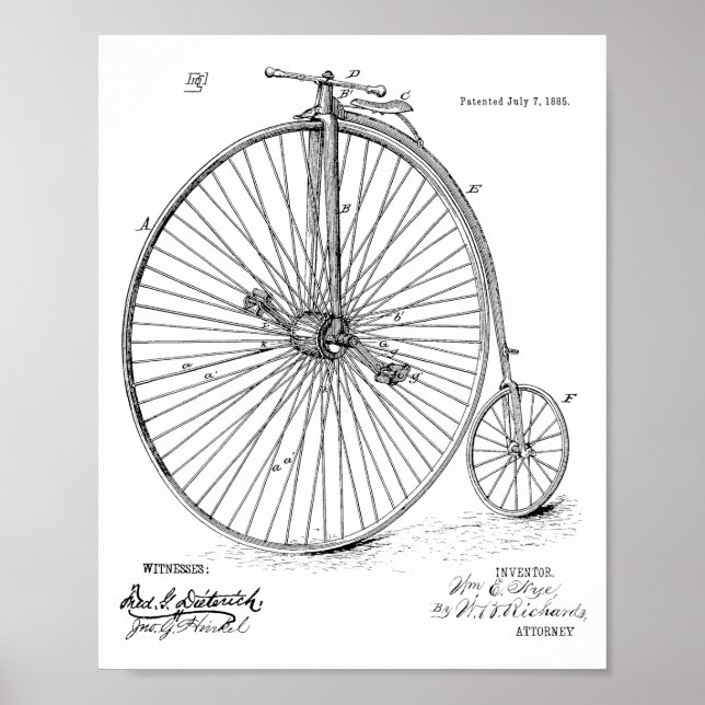 1885 Vintage High Wheeler Bicycle Patent Art Print (Front)
