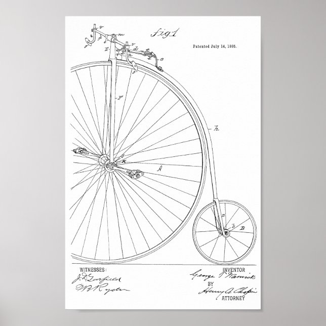 1885 Vintage High Wheeler Bicycle Patent Art Print (Front)