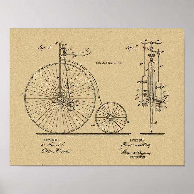 1885 Vintage High Wheeler Bicycle Patent Art Print (Front)