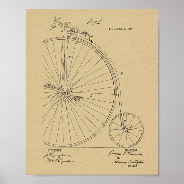 1885 Vintage High Wheeler Bicycle Patent Art Print (Front)