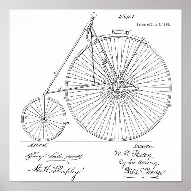 1885 Vintage High Wheeler Bicycle Patent Art Print (Front)