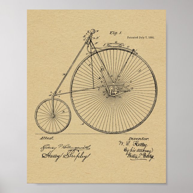1885 Vintage High Wheeler Bicycle Patent Art Print (Front)