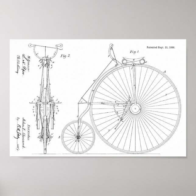 1886 High Wheeler Bicycle Design Patent Art Print (Front)